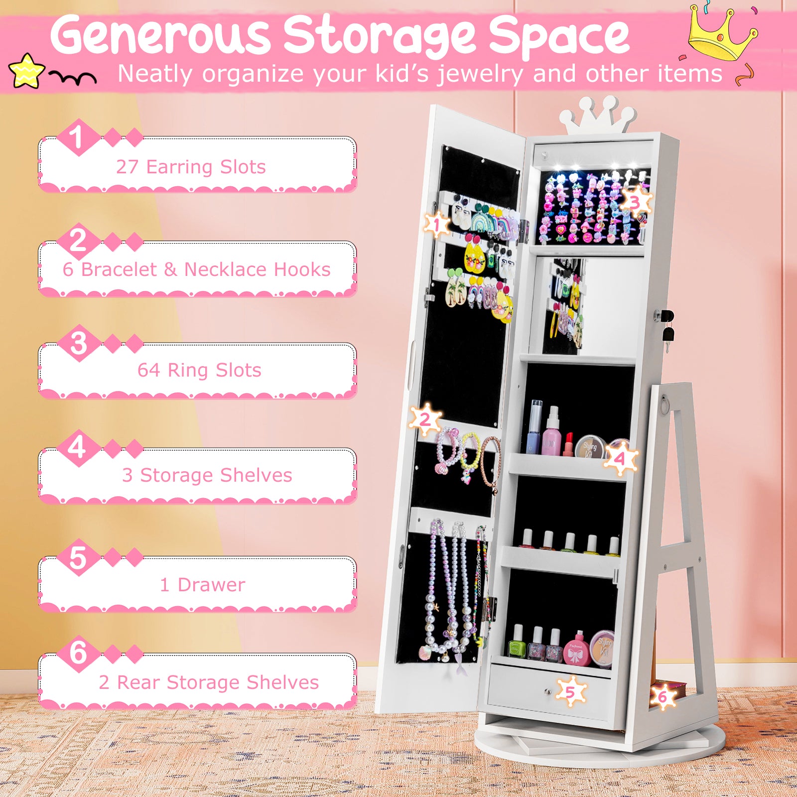 Kids Jewelry Cabinet, 3 In 1, With Lighted Mirror, White Kids Vanities at Gallery Canada