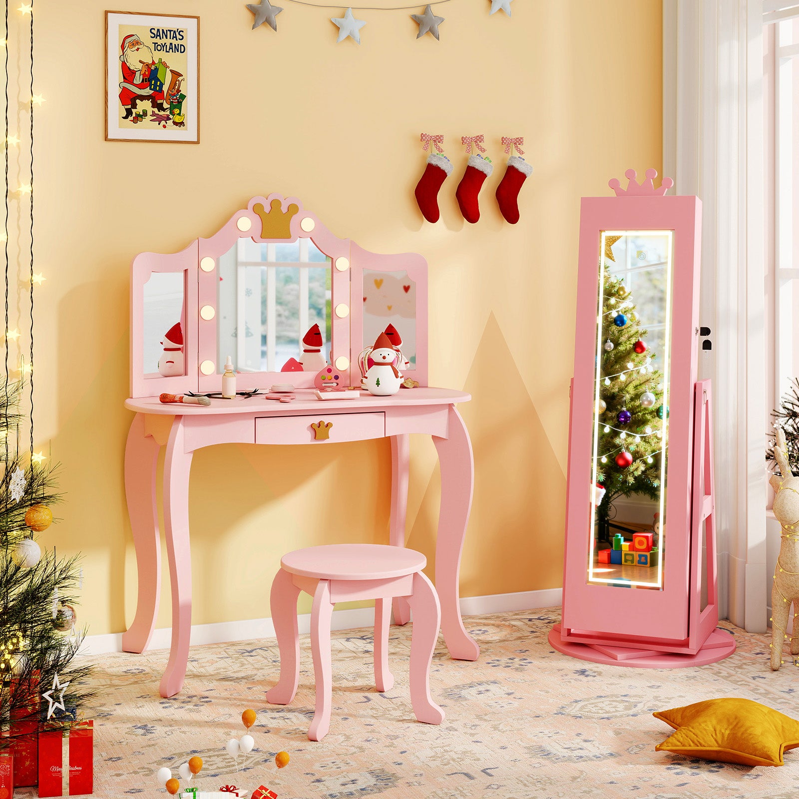 3 In 1 Kids Jewelry Cabinet, With Lighted Full Length Mirror, Pink Kids Vanities at Gallery Canada