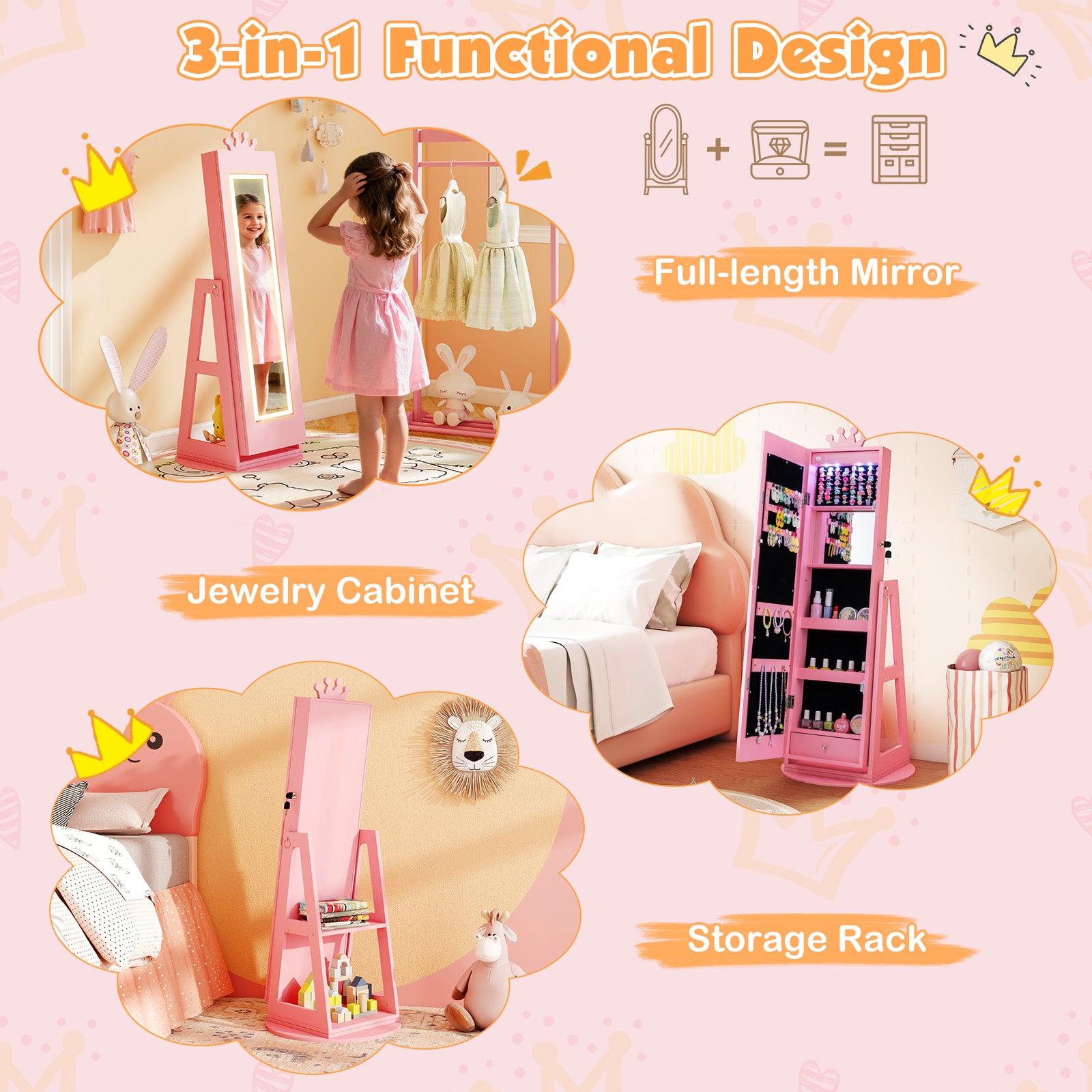 3 In 1 Kids Jewelry Cabinet, With Lighted Full Length Mirror, Pink Kids Vanities at Gallery Canada