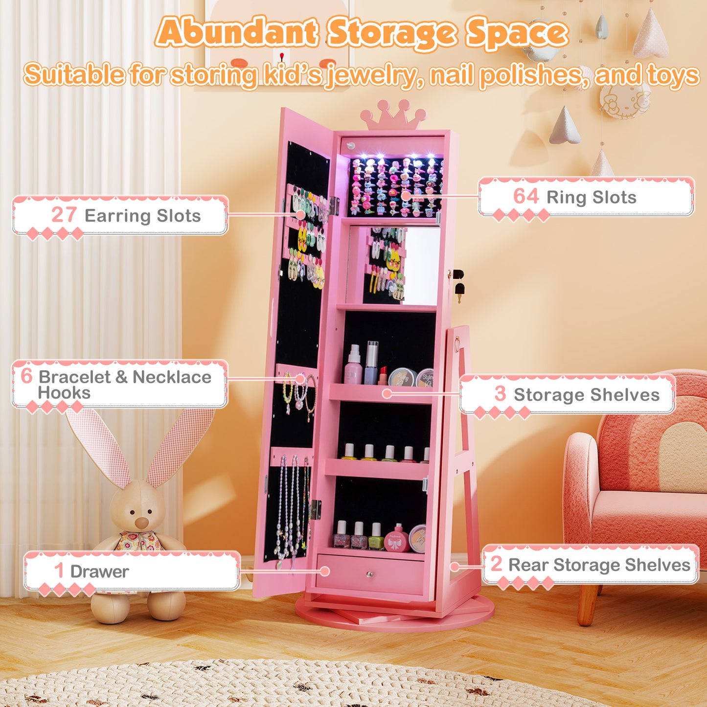 3 In 1 Kids Jewelry Cabinet, With Lighted Full Length Mirror, Pink Kids Vanities at Gallery Canada