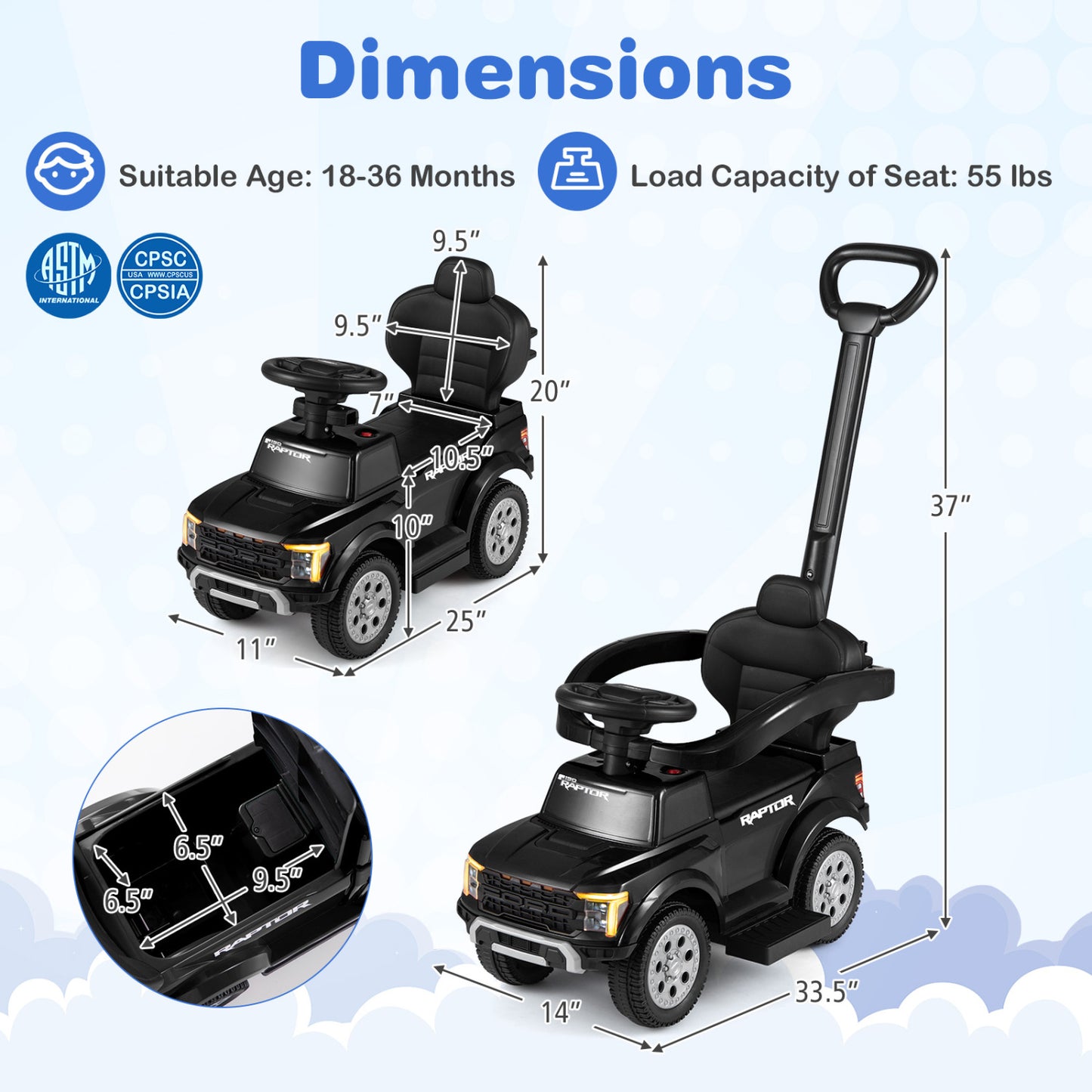 3-In-1 Licensed Ford Push Car For Toddlers, Black Push & Pedal Ride On Toys at Gallery Canada