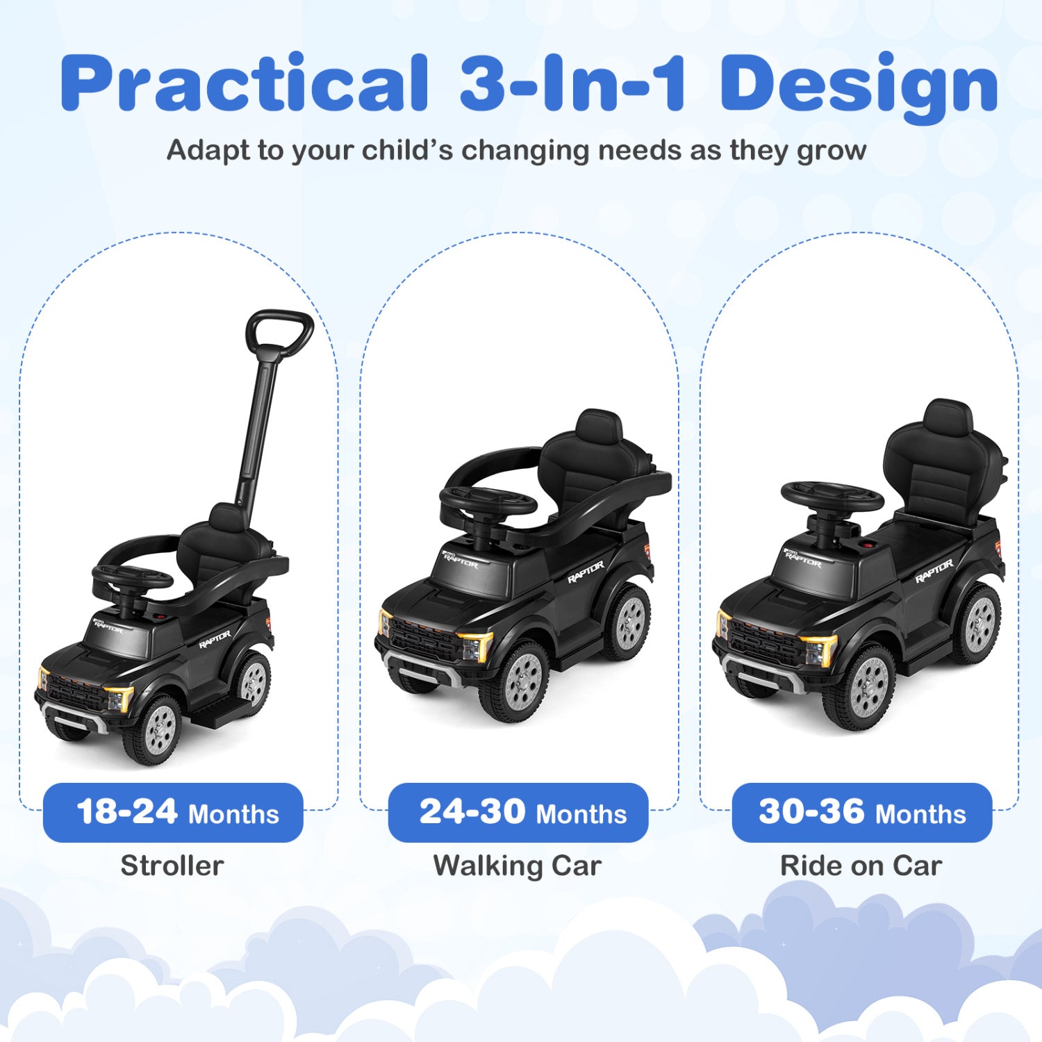 3-In-1 Licensed Ford Push Car For Toddlers, Black Push & Pedal Ride On Toys at Gallery Canada