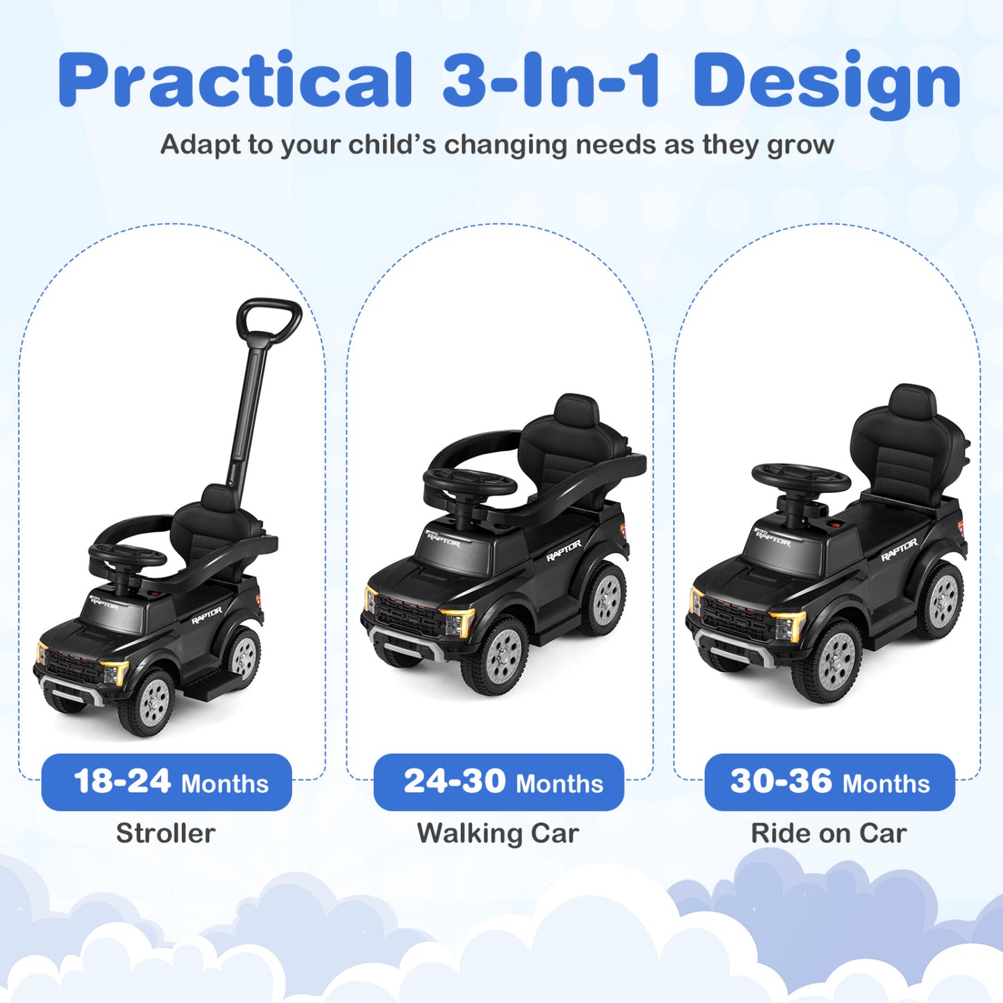 3-In-1 Licensed Ford Push Car For Toddlers, Black Push & Pedal Ride On Toys at Gallery Canada