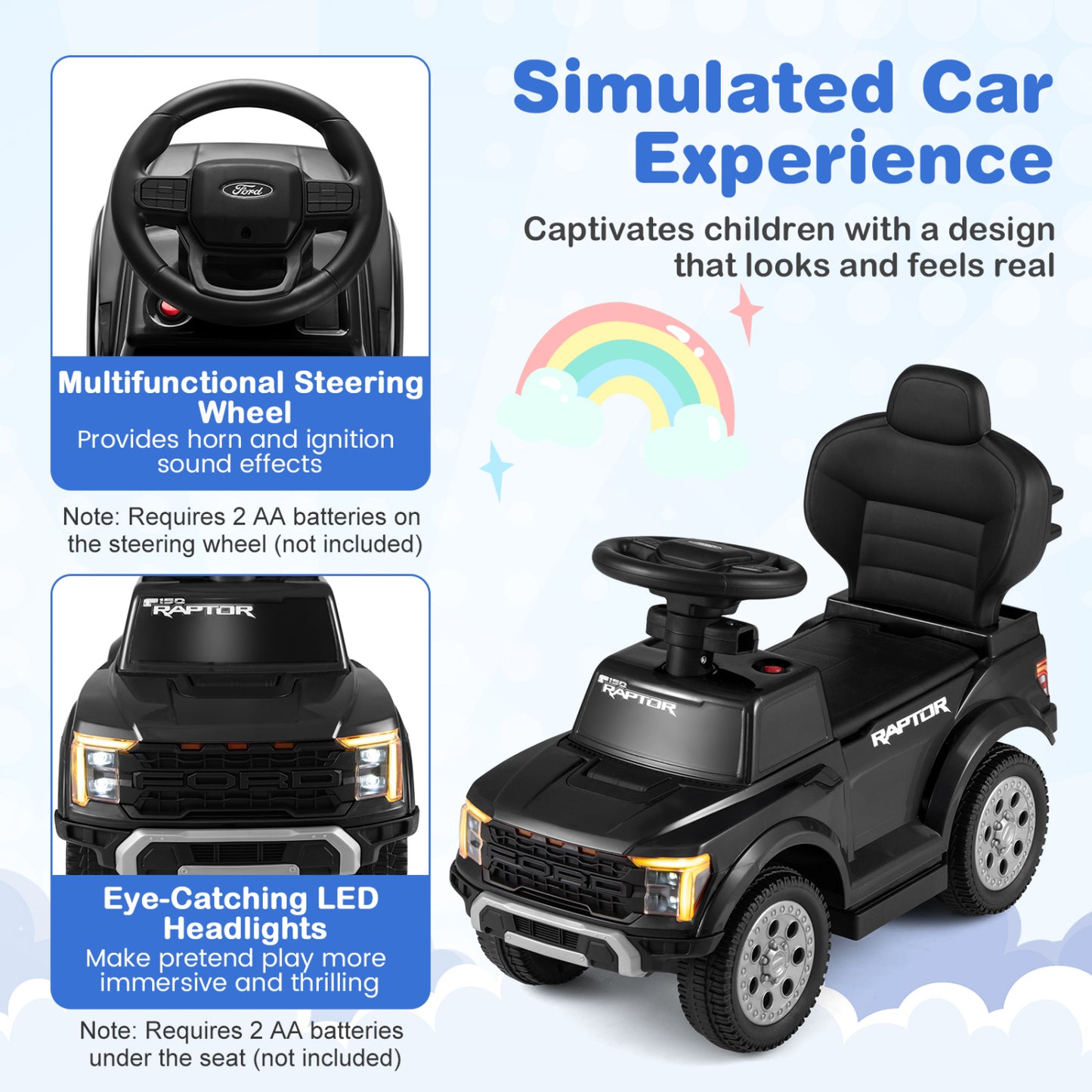 3-In-1 Licensed Ford Push Car For Toddlers, Black Push & Pedal Ride On Toys at Gallery Canada
