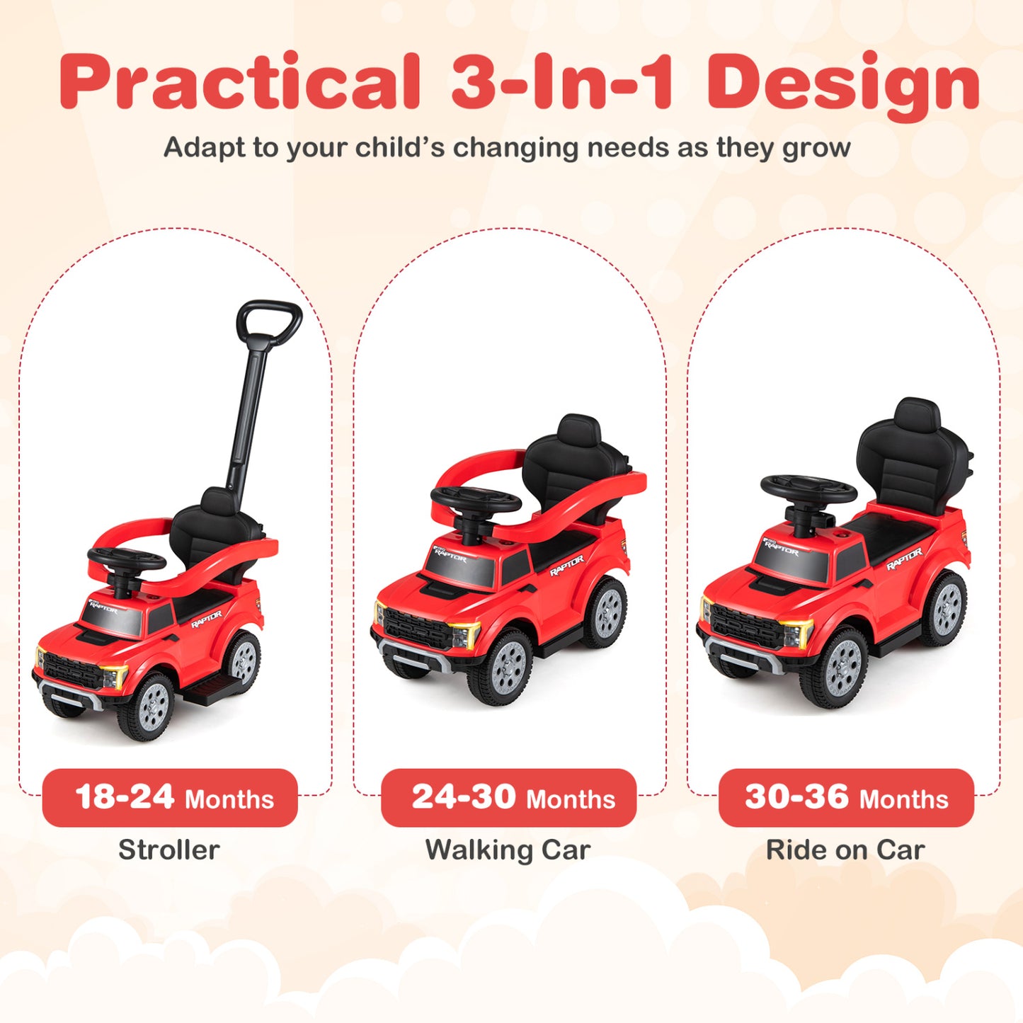 3-In-1 Licensed Ford Push Car, Red Push & Pedal Ride On Toys at Gallery Canada