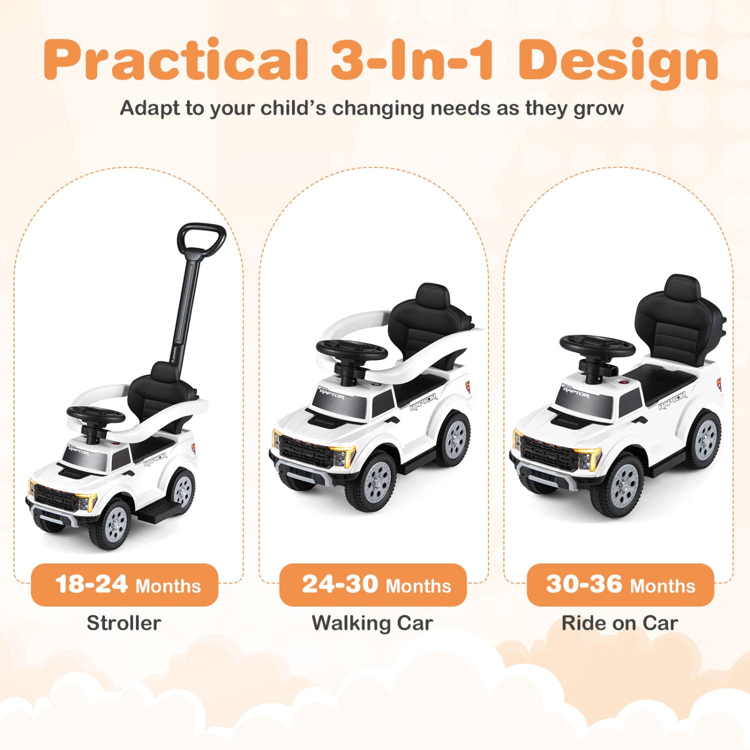 3-In-1 Licensed Ford Push Car, White Push & Pedal Ride On Toys at Gallery Canada