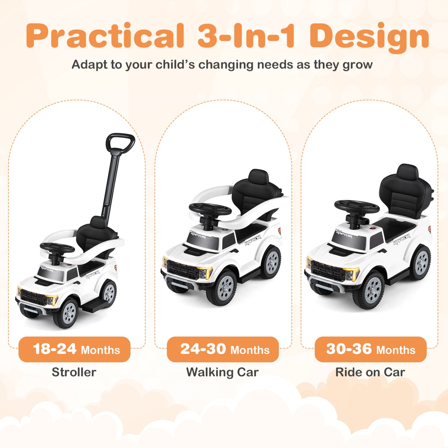 3-In-1 Licensed Ford Push Car, White Push & Pedal Ride On Toys at Gallery Canada