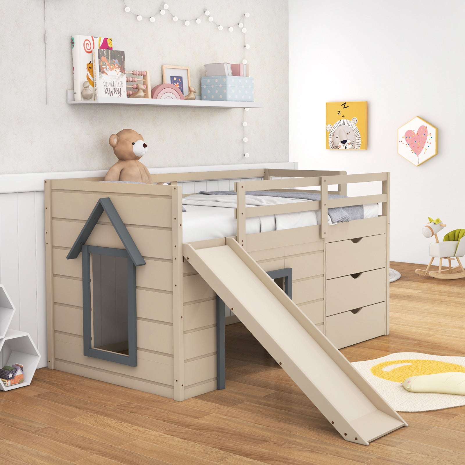 3-In-1 Twin Loft Bed with Slide Ladder Drawers for Kids Teens, Beige Bunk Bed Frame at Gallery Canada