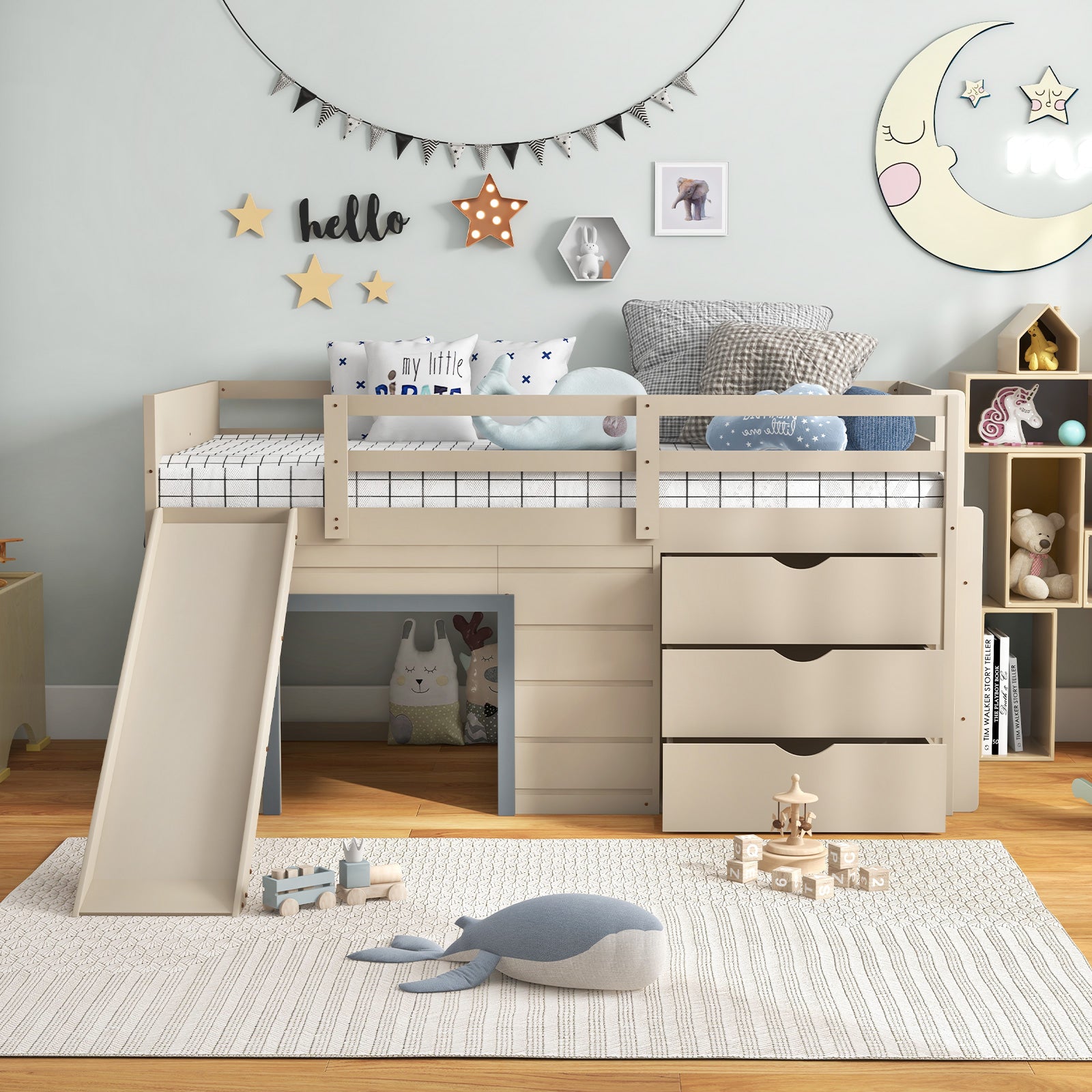 3-In-1 Twin Loft Bed with Slide Ladder Drawers for Kids Teens, Beige Bunk Bed Frame at Gallery Canada