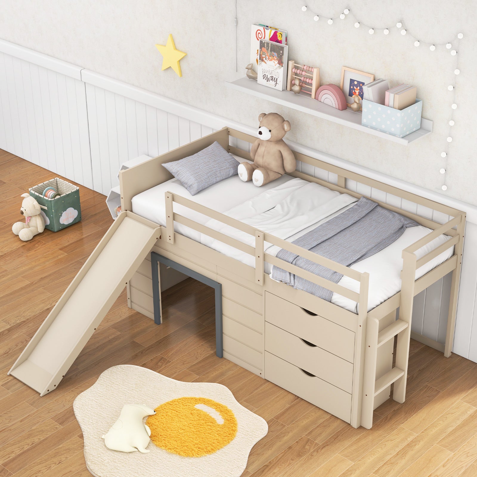 3-In-1 Twin Loft Bed with Slide Ladder Drawers for Kids Teens, Beige Bunk Bed Frame at Gallery Canada