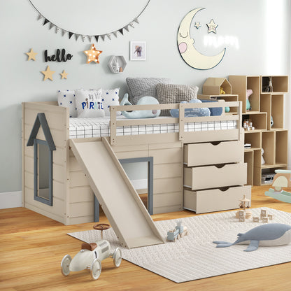3-In-1 Twin Loft Bed with Slide Ladder Drawers for Kids Teens, Beige Bunk Bed Frame at Gallery Canada