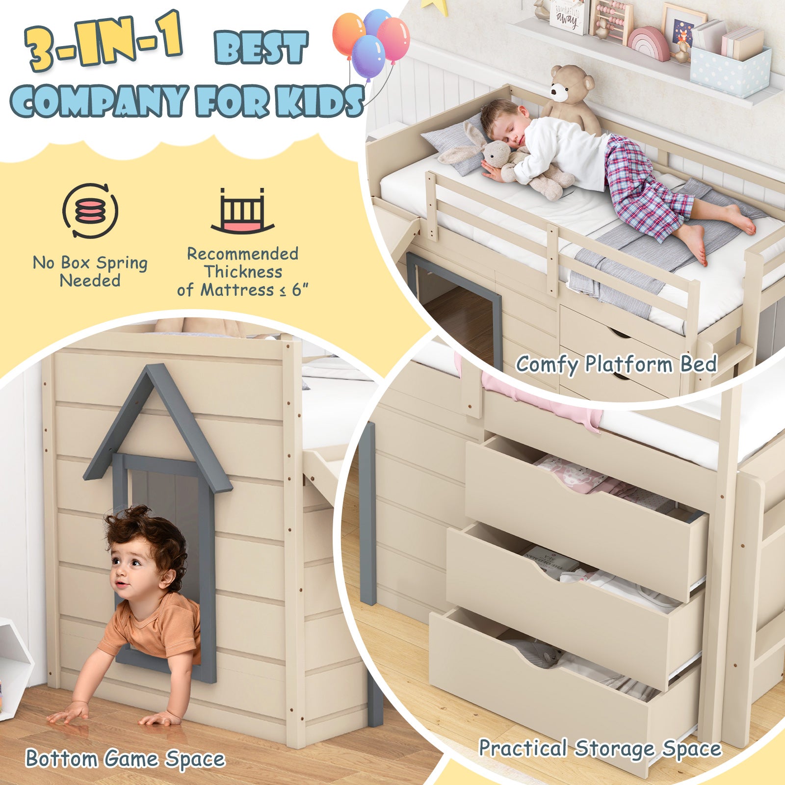 3-In-1 Twin Loft Bed with Slide Ladder Drawers for Kids Teens, Beige Bunk Bed Frame at Gallery Canada