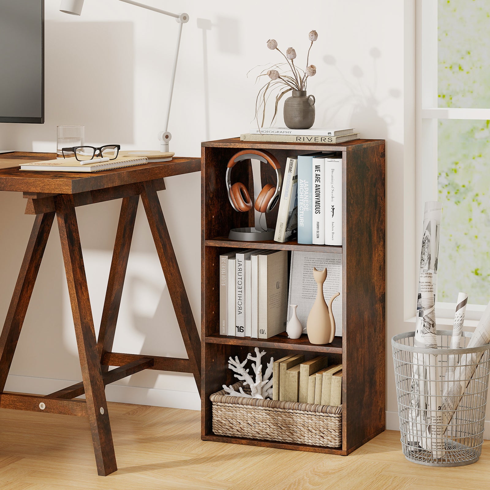 3 Open Shelf Bookcase Modern Storage Display Cabinet, Rustic Brown Bookcases at Gallery Canada