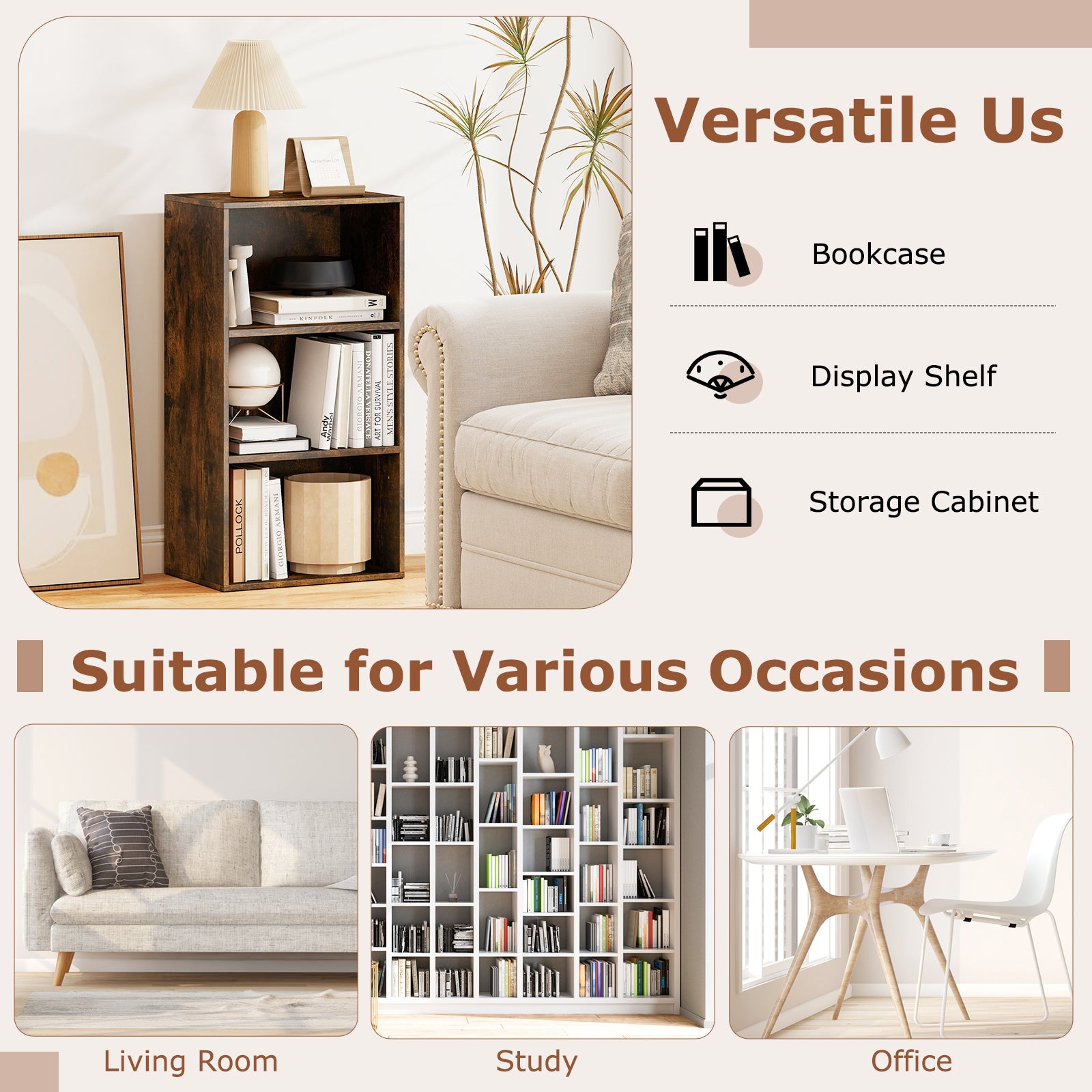 3 Open Shelf Bookcase Modern Storage Display Cabinet, Rustic Brown Bookcases at Gallery Canada