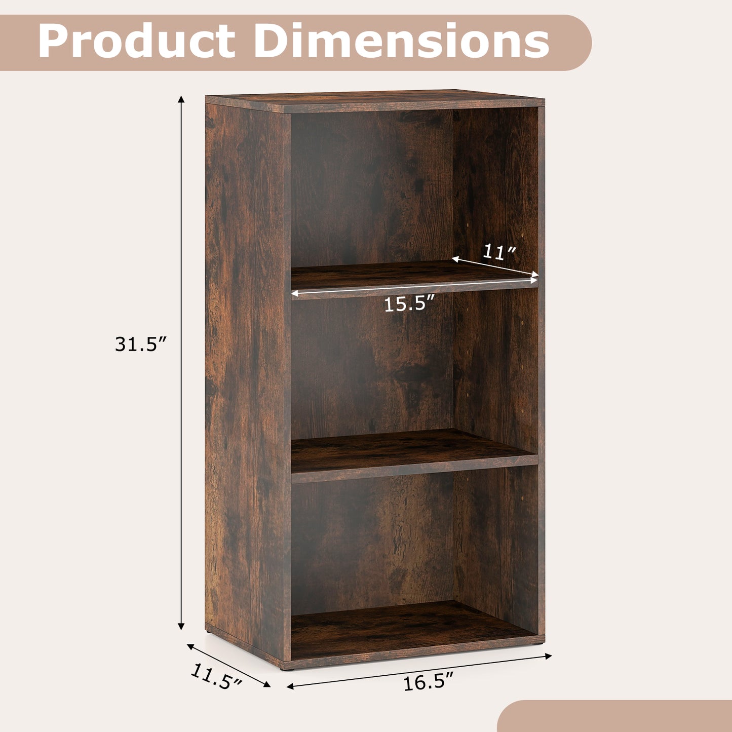 3 Open Shelf Bookcase Modern Storage Display Cabinet, Rustic Brown Bookcases at Gallery Canada