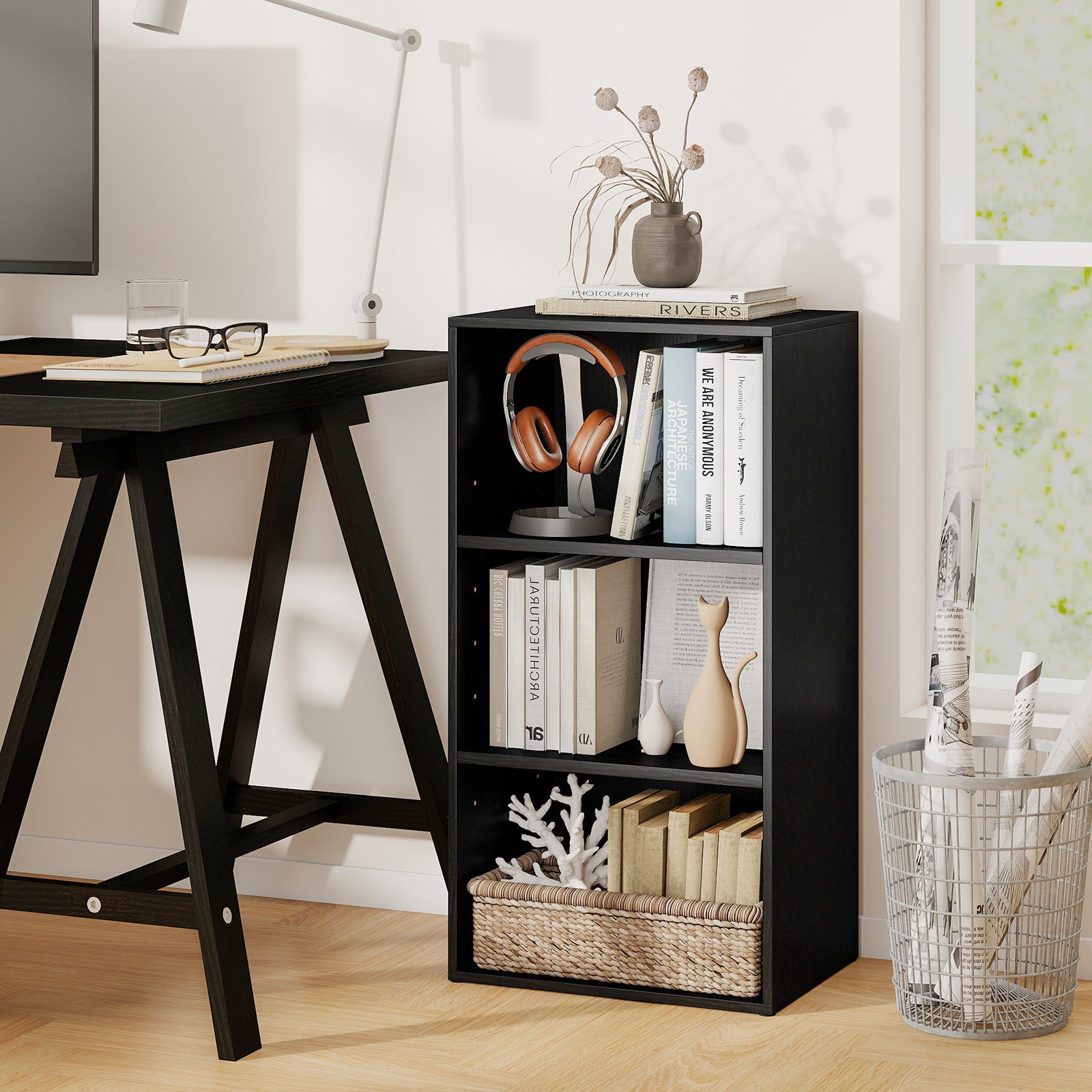 3 Open Shelf Bookcase Modern Storage Display Cabinet, Black Bookcases at Gallery Canada