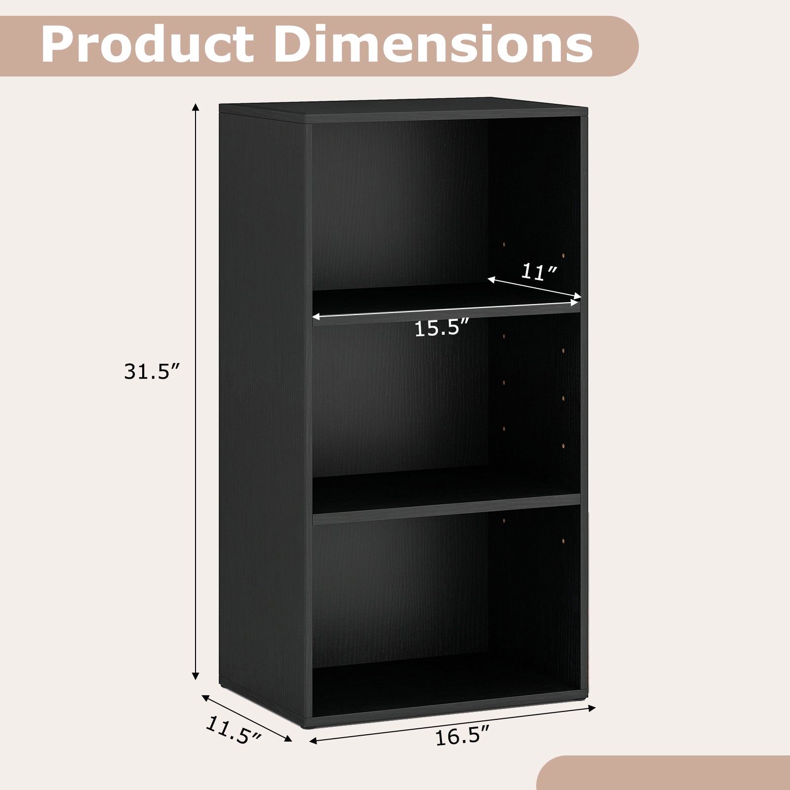 3 Open Shelf Bookcase Modern Storage Display Cabinet, Black Bookcases at Gallery Canada