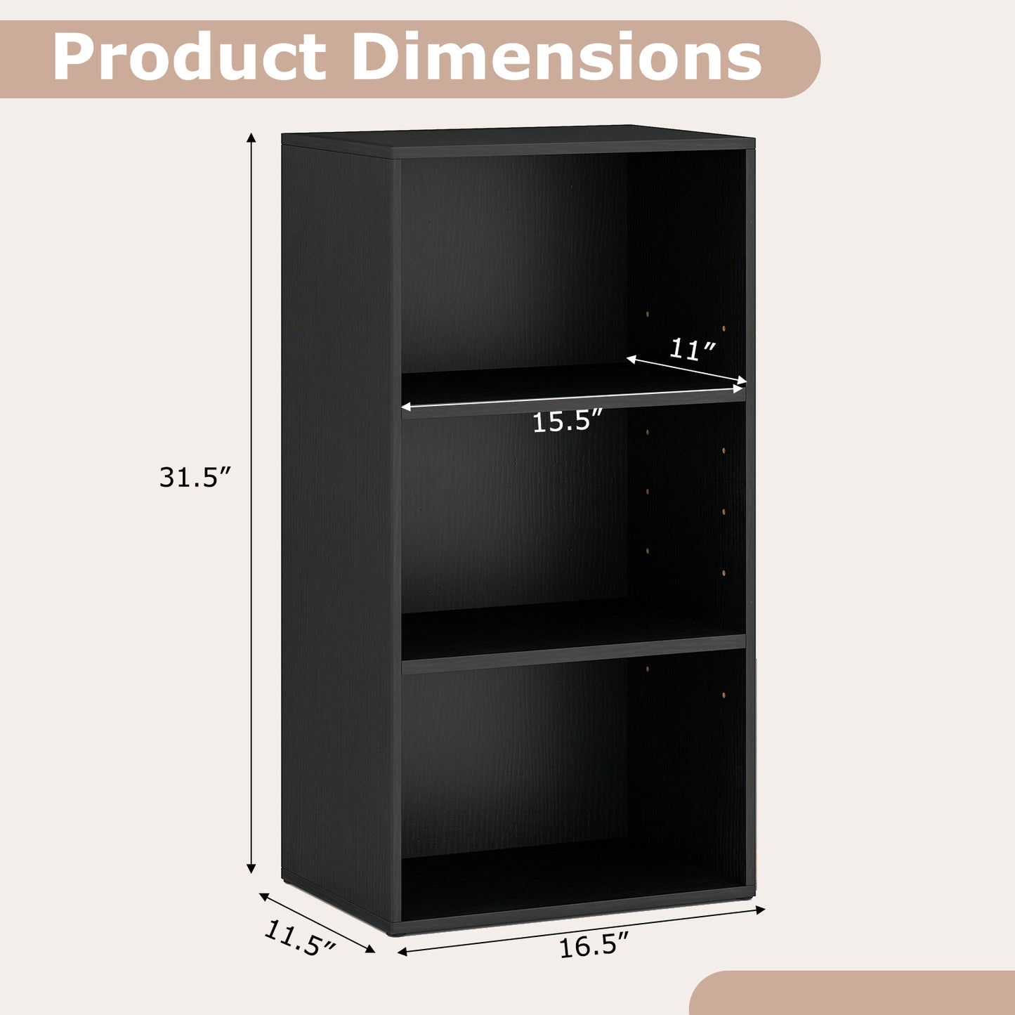 3 Open Shelf Bookcase Modern Storage Display Cabinet, Black Bookcases at Gallery Canada