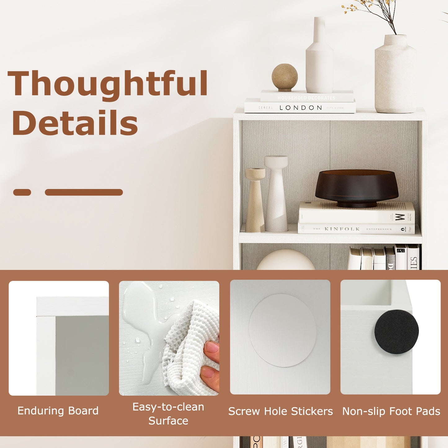 Modern 3 Open Shelf Bookcase Display Cabinet, White