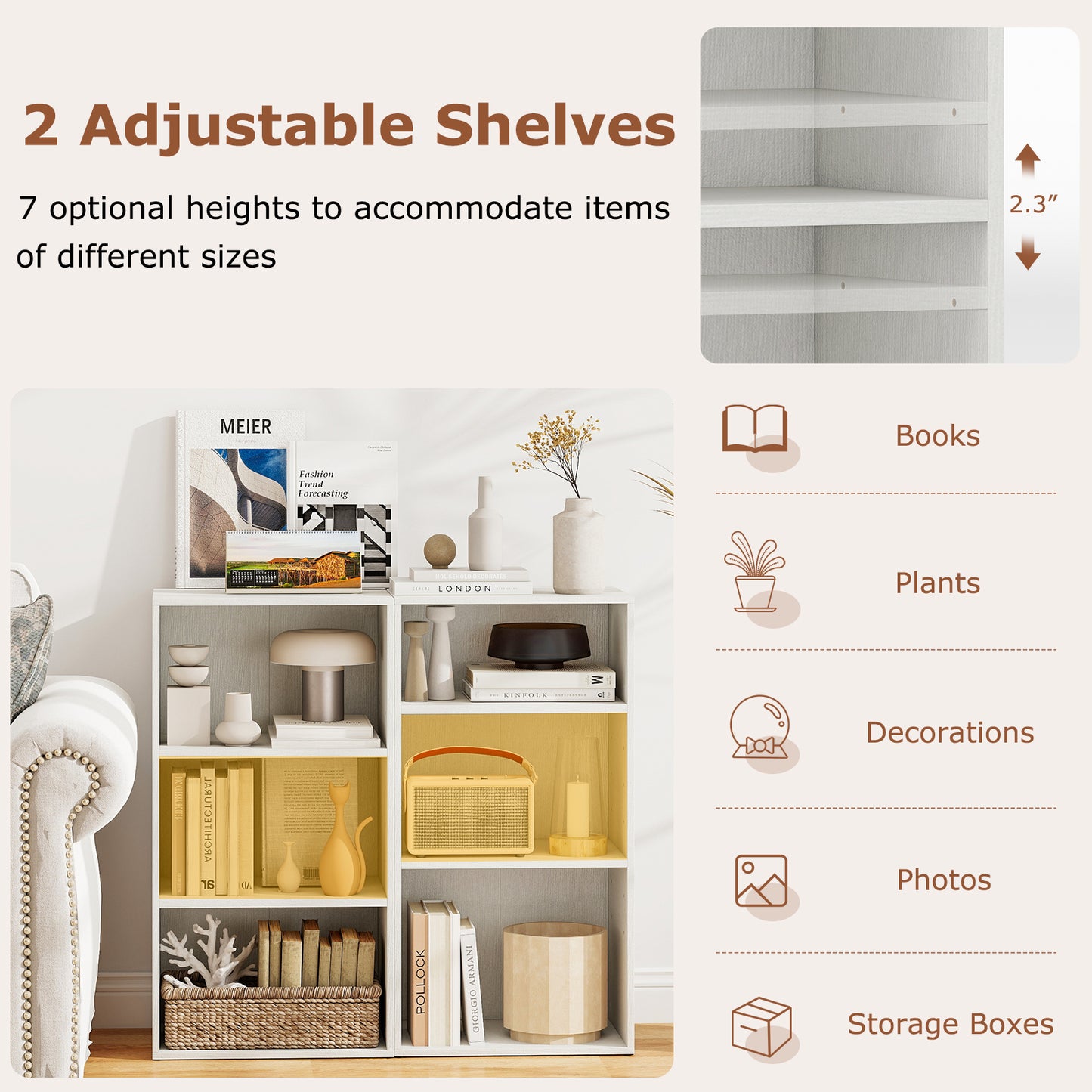 Modern 3 Open Shelf Bookcase Display Cabinet, White