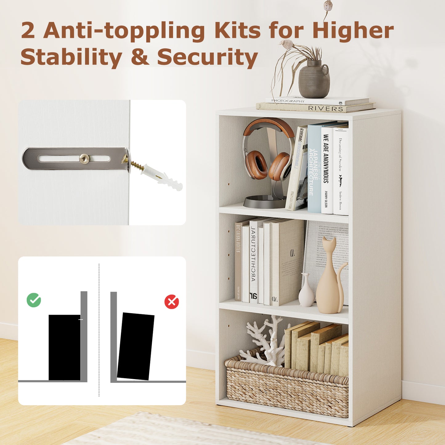 Modern 3 Open Shelf Bookcase Display Cabinet, White