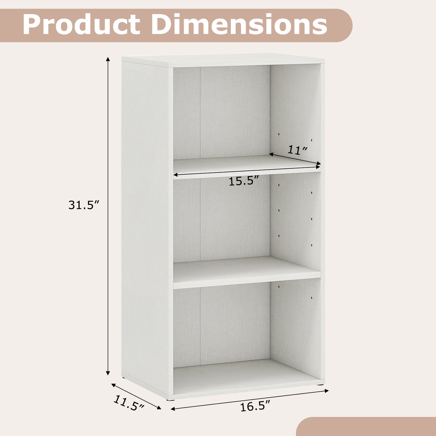 Modern 3 Open Shelf Bookcase Display Cabinet, White