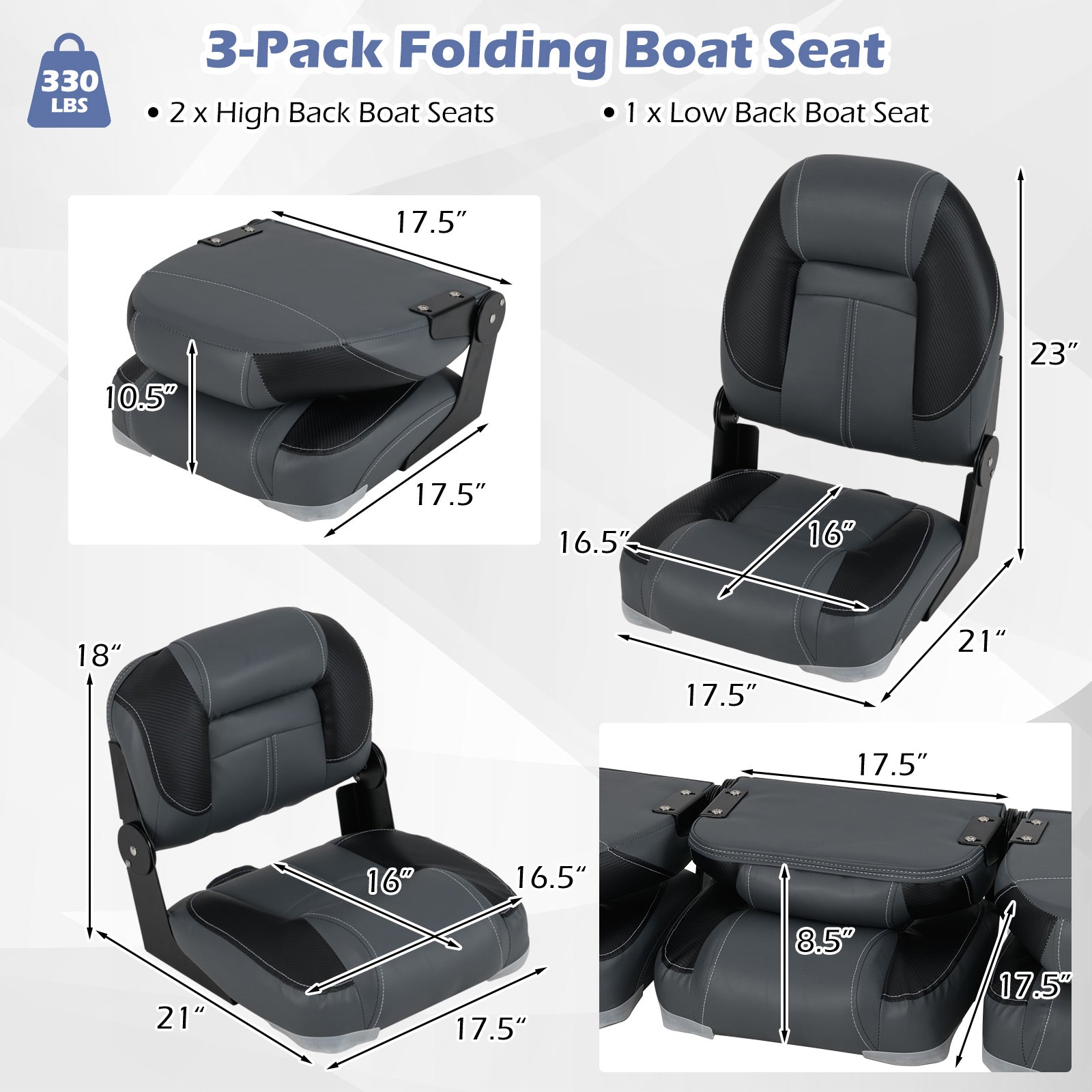 3-Pack Folding Boat Seats with 28D Soft Sponge Padding, Black Surfing at Gallery Canada