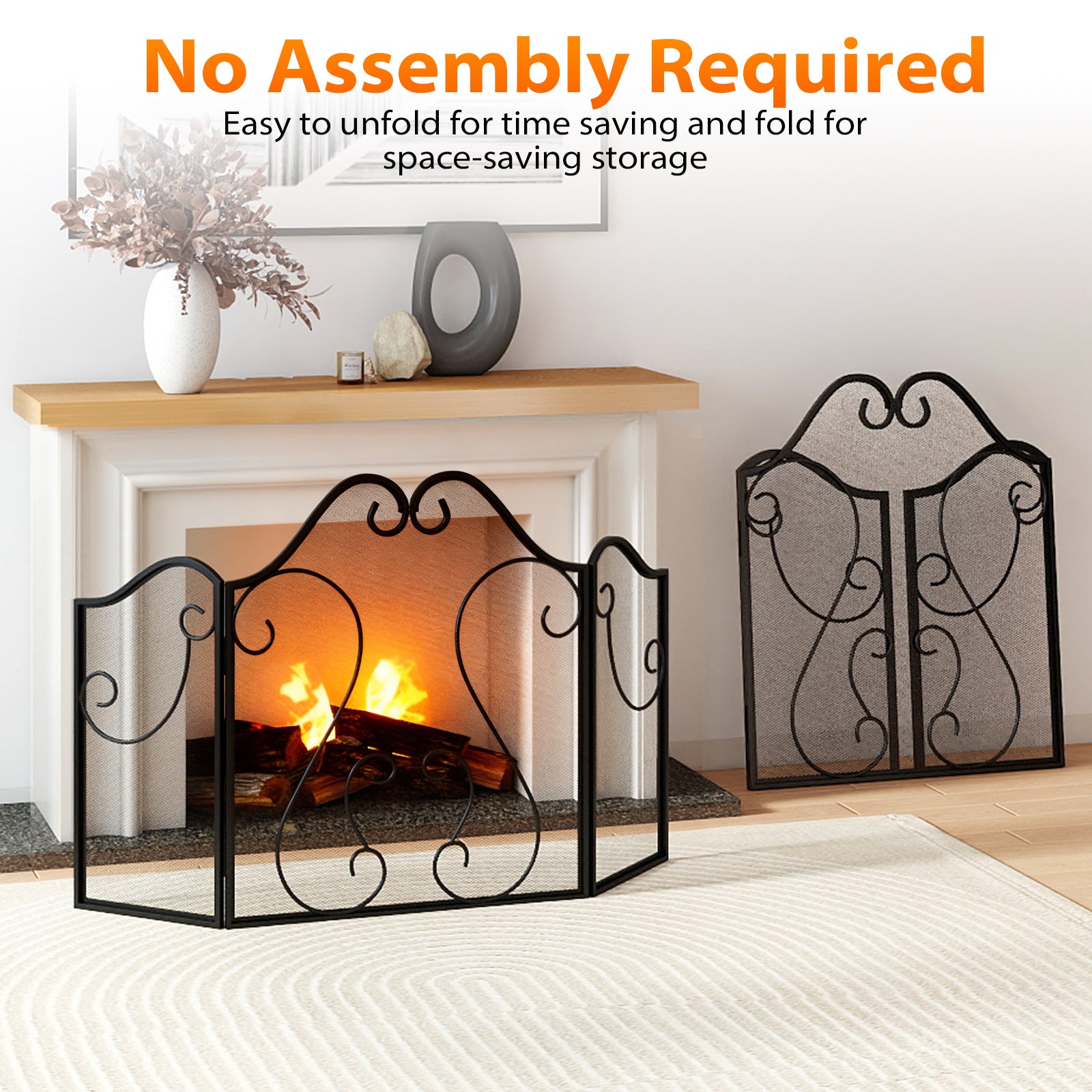 3 Panel Fireplace Screen Foldable Spark Guard Cover with Decorative Scroll Fireplace Tools at Gallery Canada