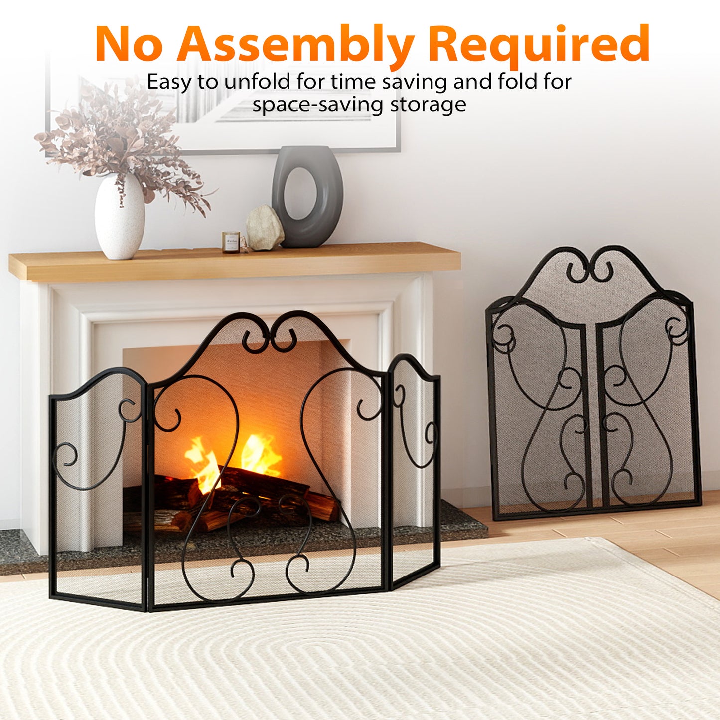 3 Panel Fireplace Screen Foldable Spark Guard Cover with Decorative Scroll Fireplace Tools at Gallery Canada