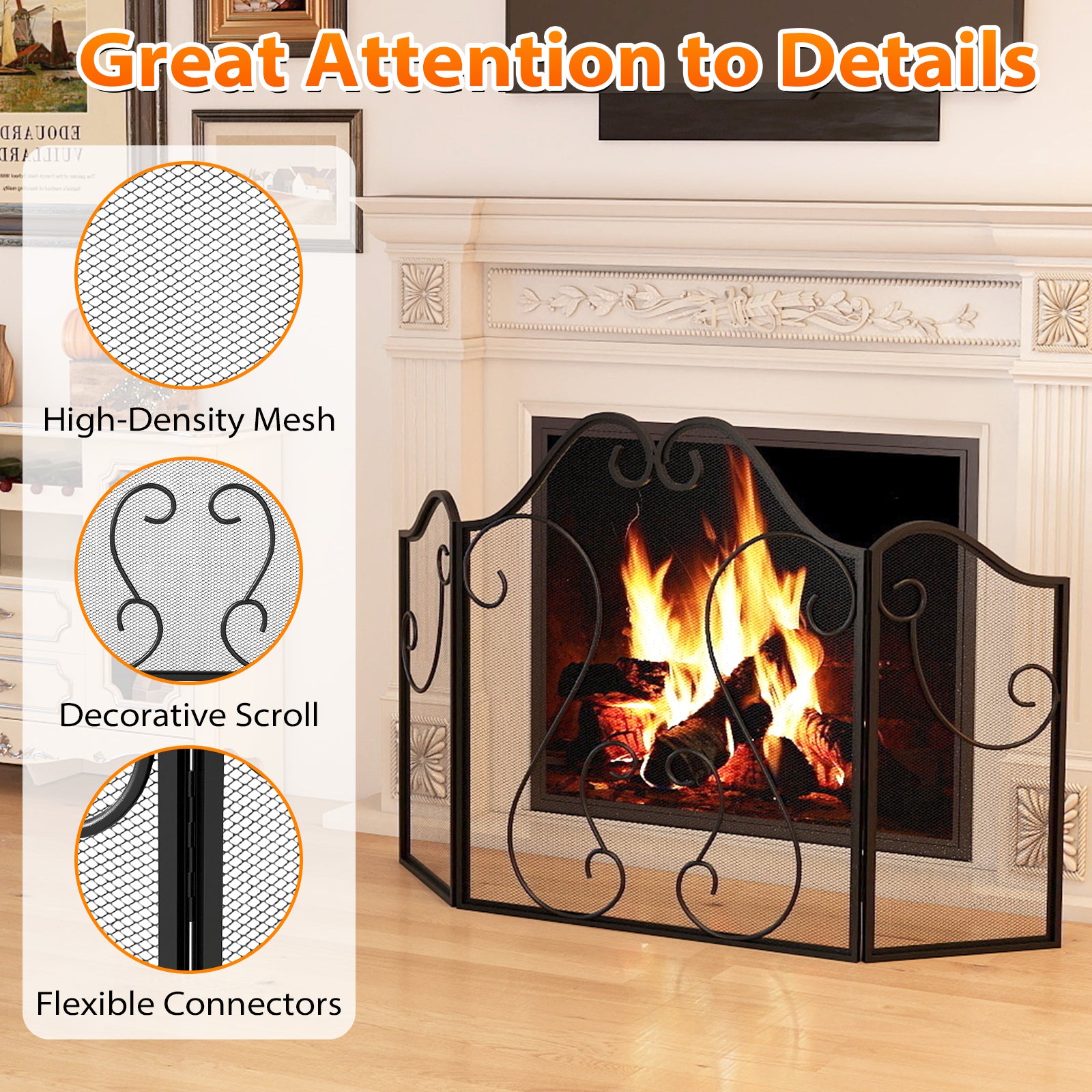 3 Panel Fireplace Screen Foldable Spark Guard Cover with Decorative Scroll Fireplace Tools at Gallery Canada