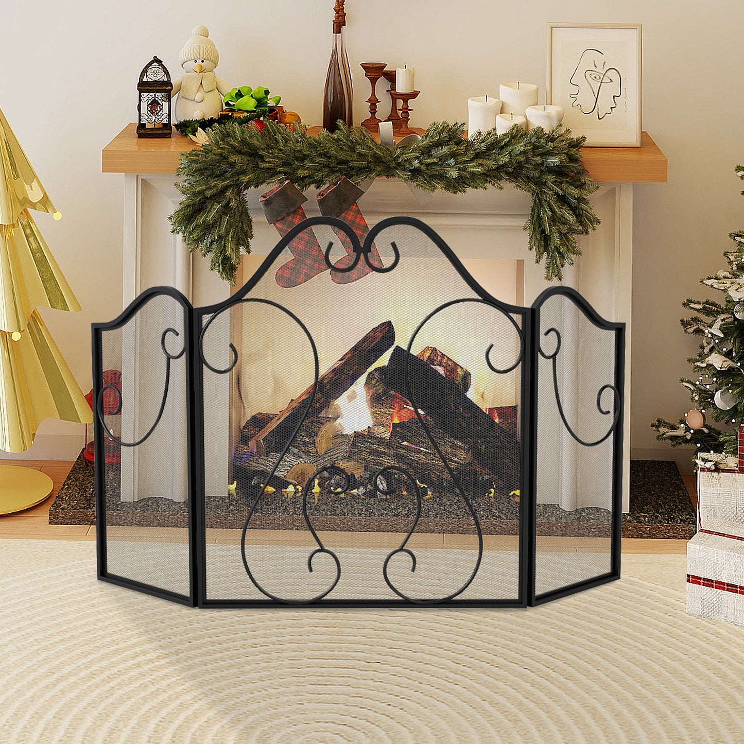 3 Panel Fireplace Screen Foldable Spark Guard Cover with Decorative Scroll Fireplace Tools at Gallery Canada