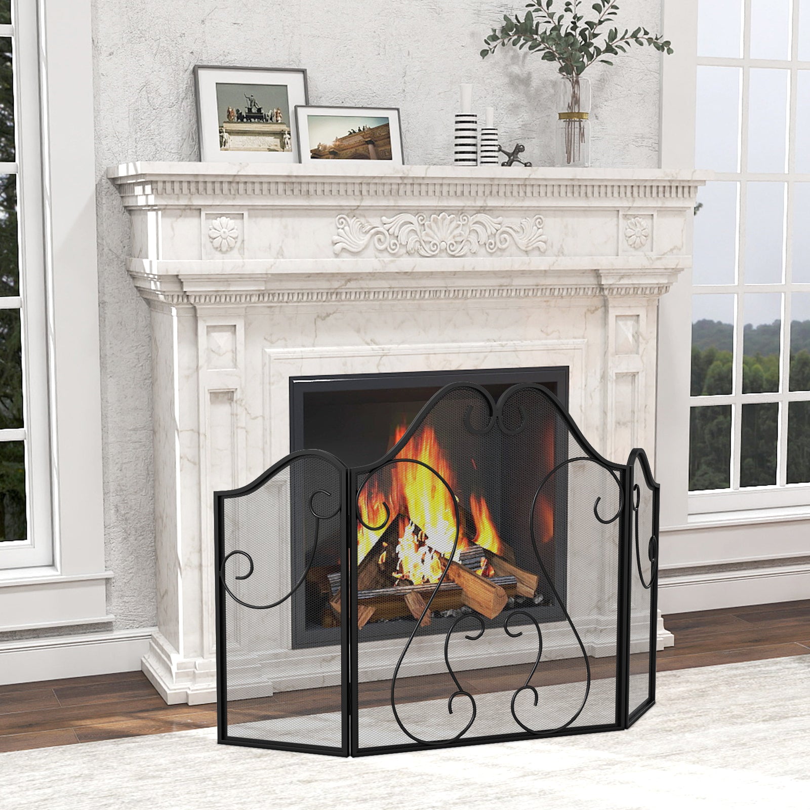 3 Panel Fireplace Screen Foldable Spark Guard Cover with Decorative Scroll Fireplace Tools at Gallery Canada