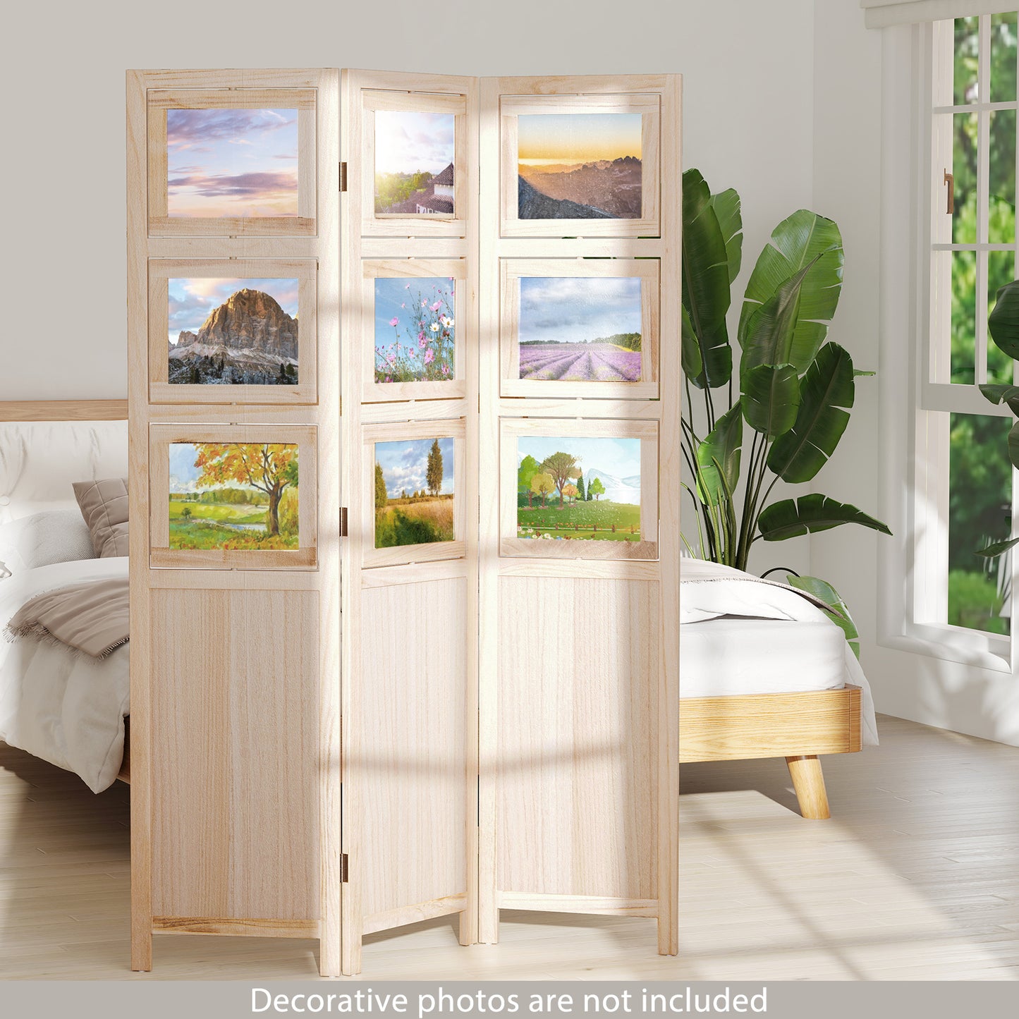 3 Panel Folding Privacy Screen with 9 Swivel Paulownia Wood Photo Frames, Natural Room Dividers at Gallery Canada
