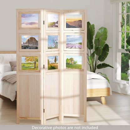 3 Panel Folding Privacy Screen with 9 Swivel Paulownia Wood Photo Frames, Natural Room Dividers at Gallery Canada
