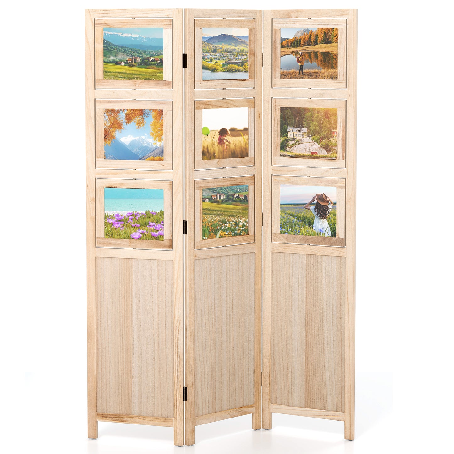 3 Panel Folding Privacy Screen with 9 Swivel Paulownia Wood Photo Frames, Natural Room Dividers Natural at Gallery Canada