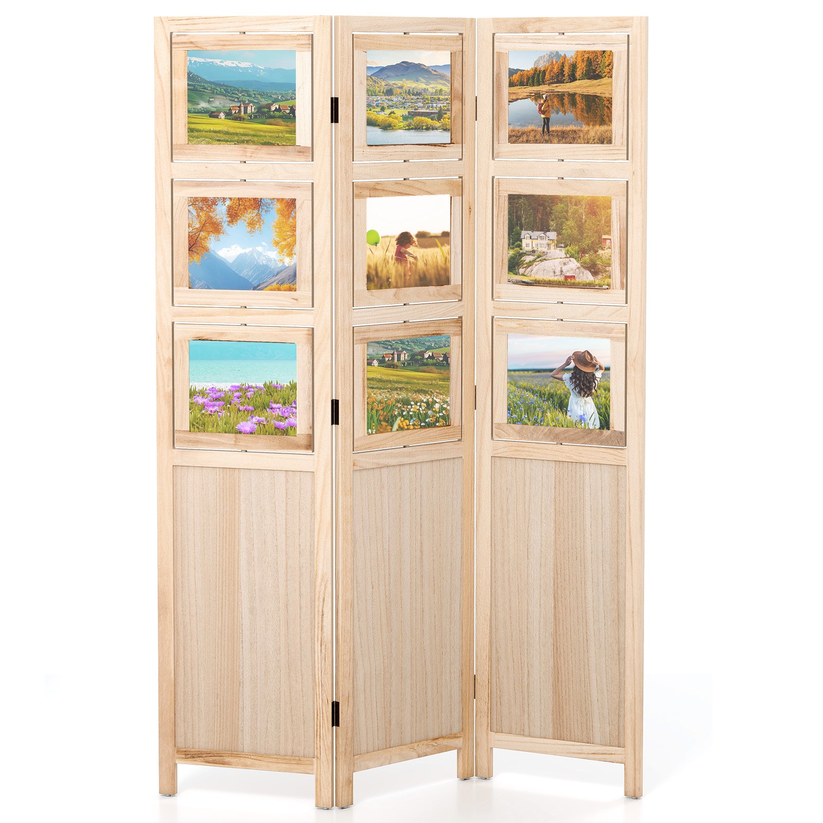 3 Panel Folding Privacy Screen with 9 Swivel Paulownia Wood Photo Frames, Natural Room Dividers Natural at Gallery Canada