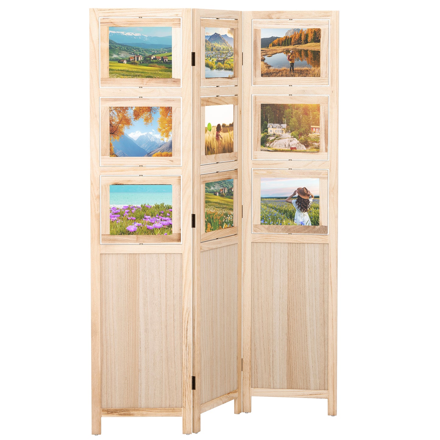 3 Panel Folding Privacy Screen with 9 Swivel Paulownia Wood Photo Frames, Natural Room Dividers at Gallery Canada