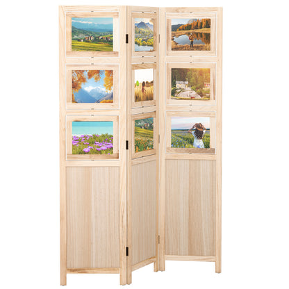 3 Panel Folding Privacy Screen with 9 Swivel Paulownia Wood Photo Frames, Natural Room Dividers at Gallery Canada