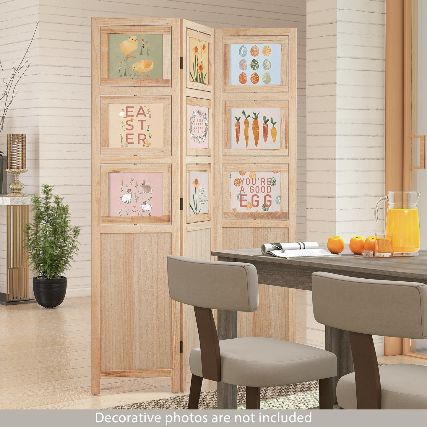 3 Panel Folding Privacy Screen with 9 Swivel Paulownia Wood Photo Frames, Natural Room Dividers at Gallery Canada