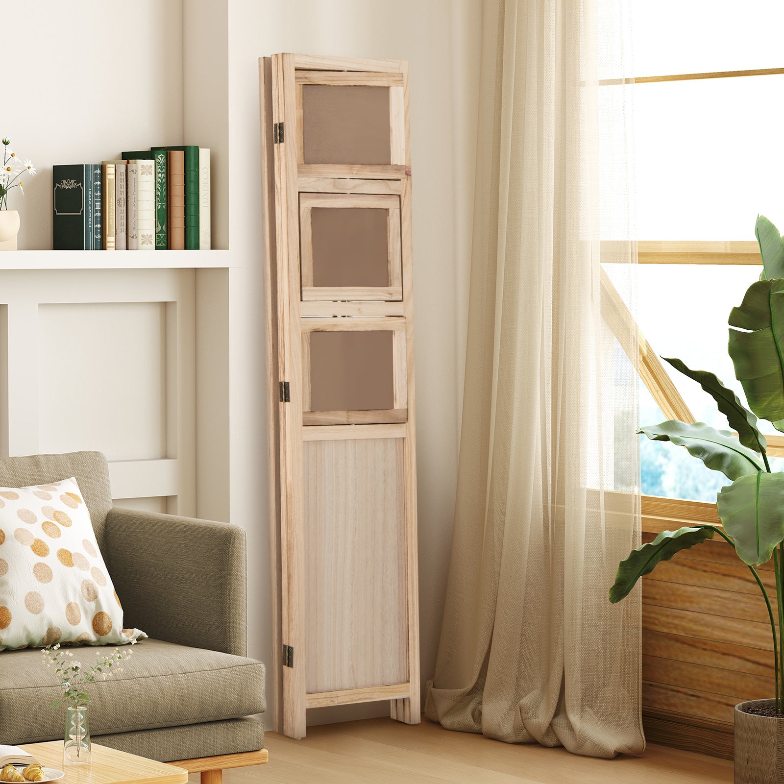 3 Panel Folding Privacy Screen with 9 Swivel Paulownia Wood Photo Frames, Natural Room Dividers at Gallery Canada
