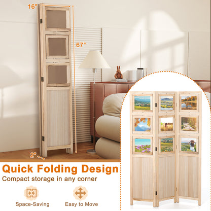 3 Panel Folding Privacy Screen with 9 Swivel Paulownia Wood Photo Frames, Natural Room Dividers at Gallery Canada