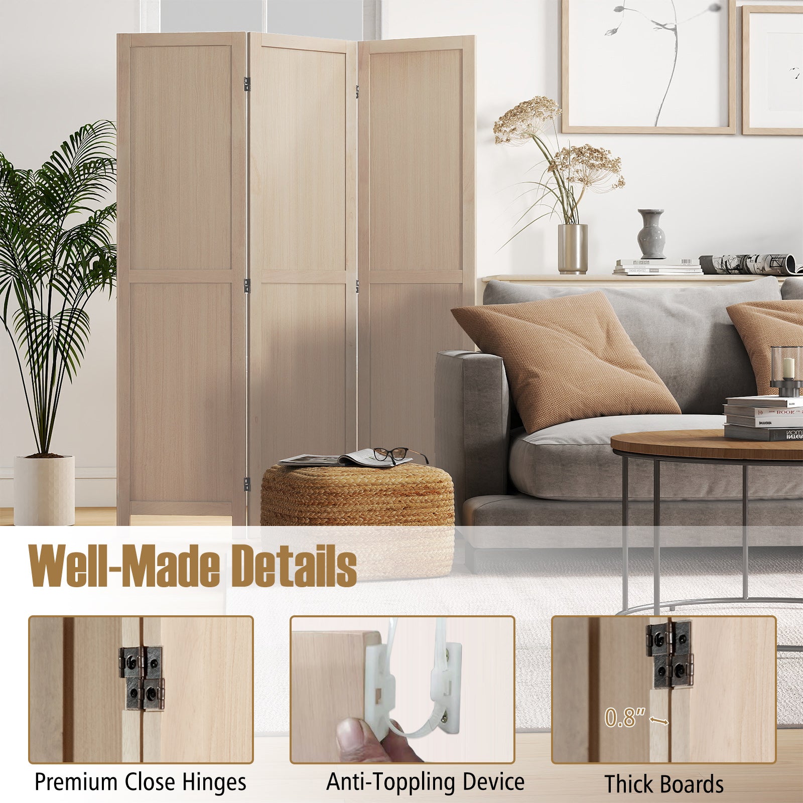 3 Panel Folding Room Divider for Home Office Bedroom Restaurant, Beige Room Dividers at Gallery Canada