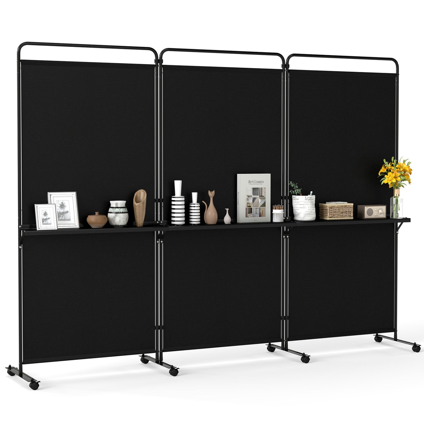 3-Panel Room Divider With Shelves, 6 FT Tall, Black Room Dividers Black at Gallery Canada