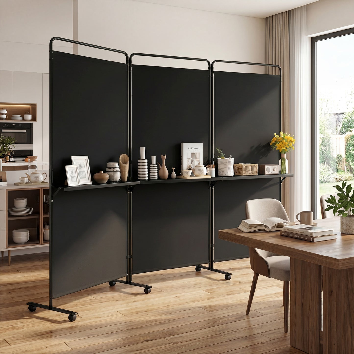 3-Panel Room Divider With Shelves, 6 FT Tall, Black Room Dividers at Gallery Canada