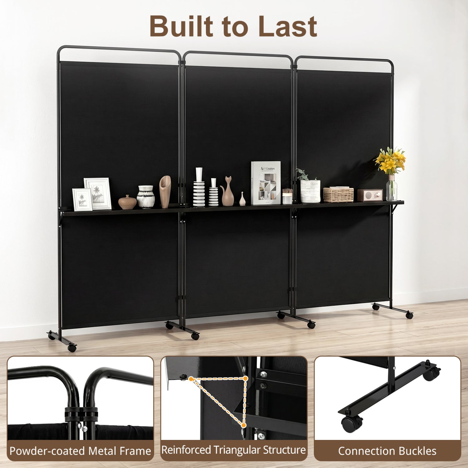 3-Panel Room Divider With Shelves, 6 FT Tall, Black Room Dividers at Gallery Canada