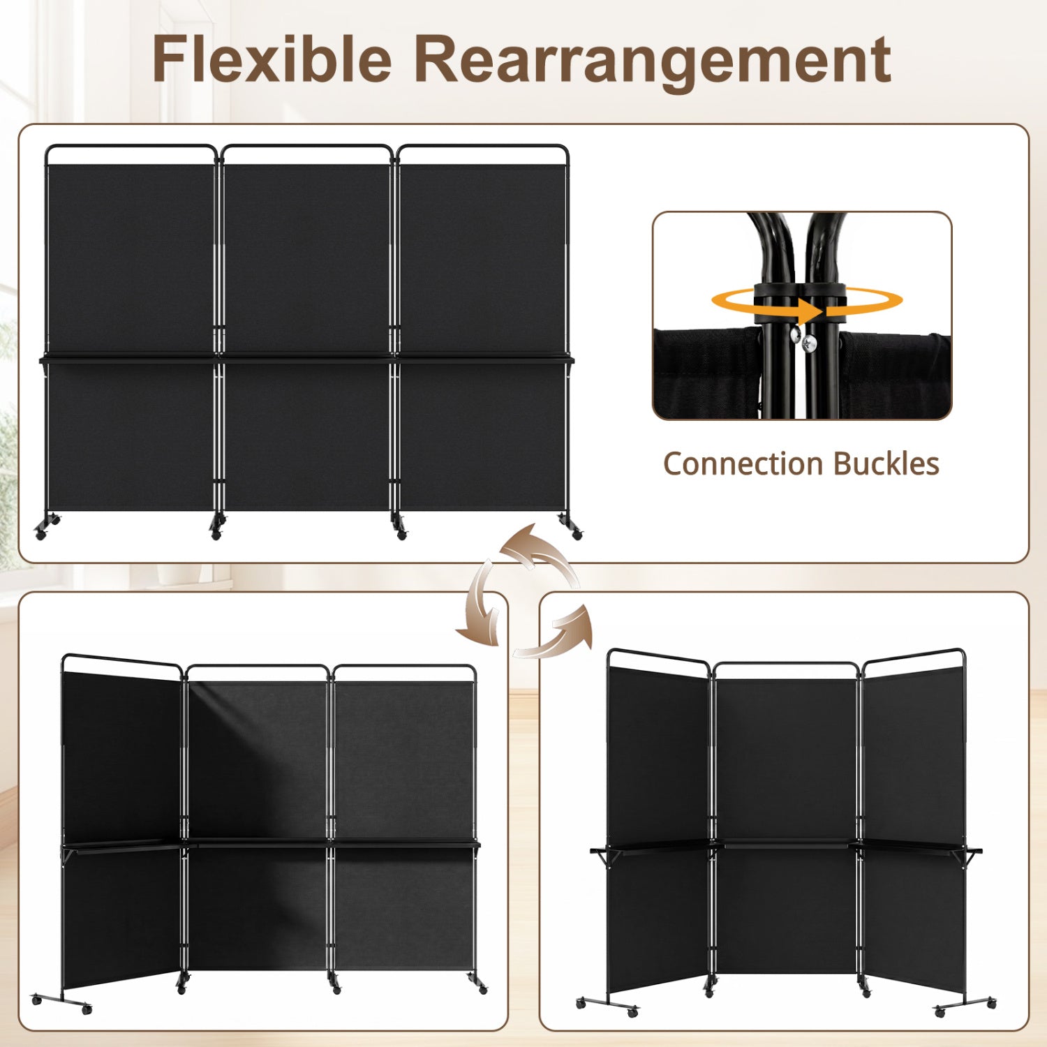 3-Panel Room Divider With Shelves, 6 FT Tall, Black Room Dividers at Gallery Canada