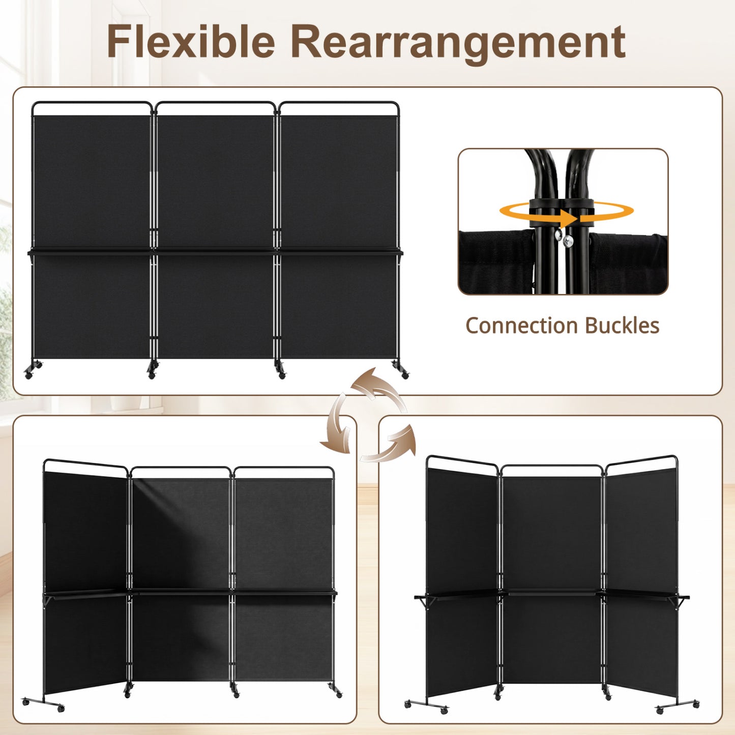 3-Panel Room Divider With Shelves, 6 FT Tall, Black Room Dividers at Gallery Canada