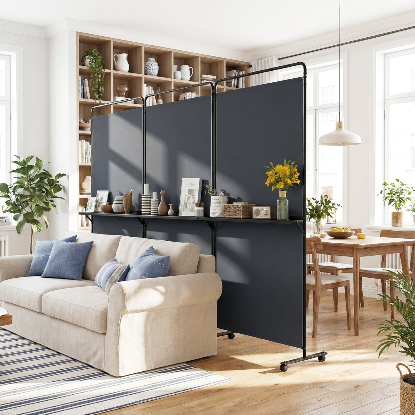 3-Panel Room Divider with Shelves, 6 FT Tall, Gray Room Dividers at Gallery Canada