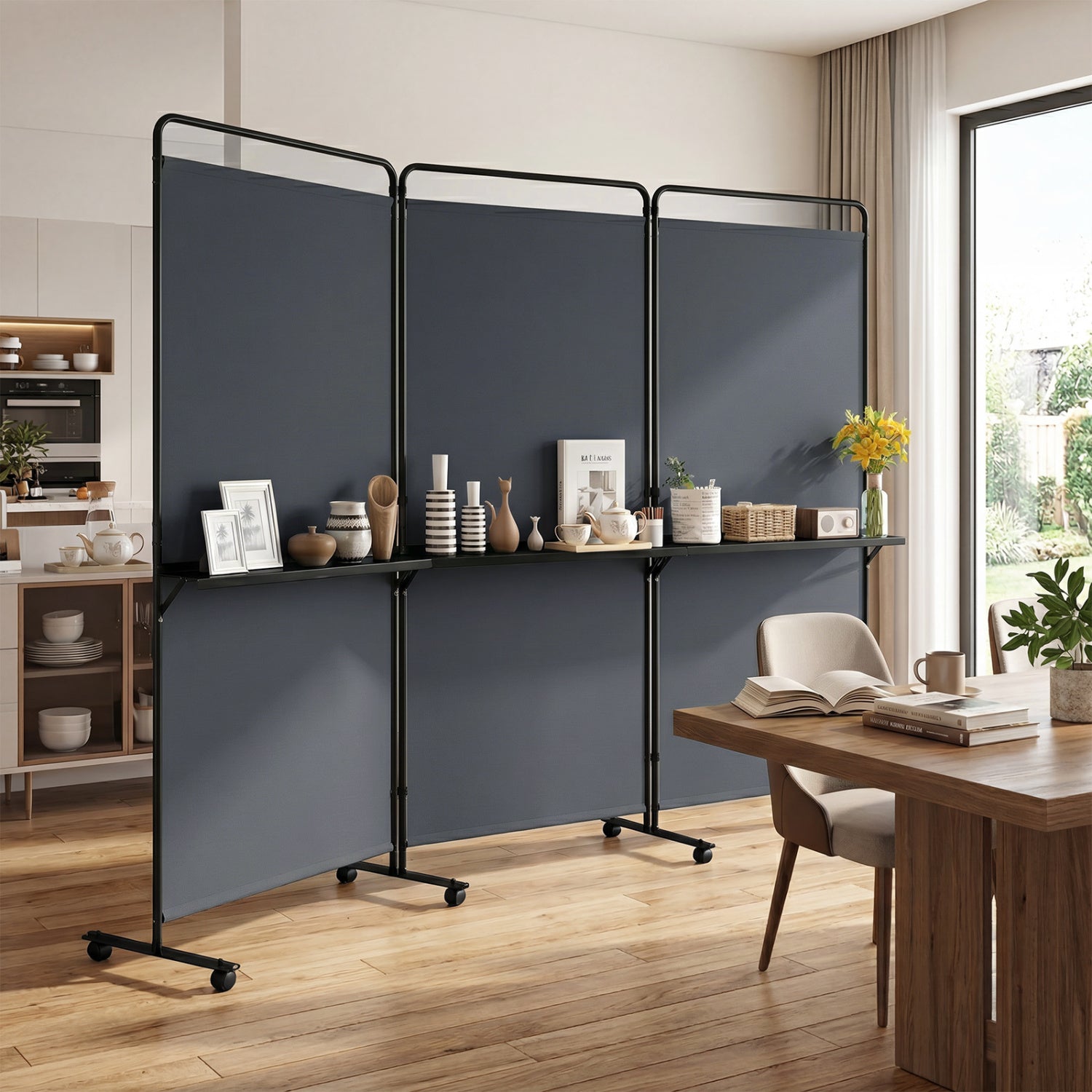 3-Panel Room Divider with Shelves, 6 FT Tall, Gray Room Dividers at Gallery Canada
