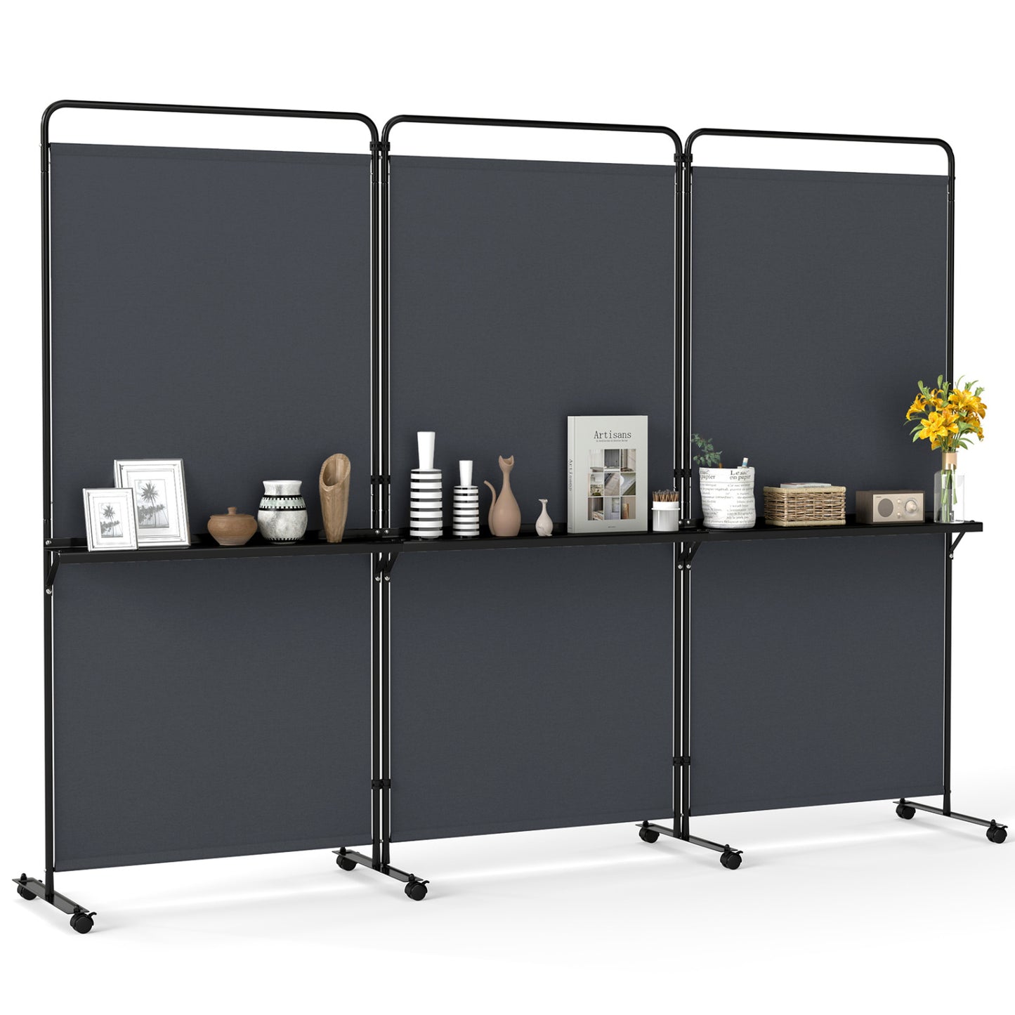 3-Panel Room Divider with Shelves, 6 FT Tall, Gray Room Dividers Gray at Gallery Canada